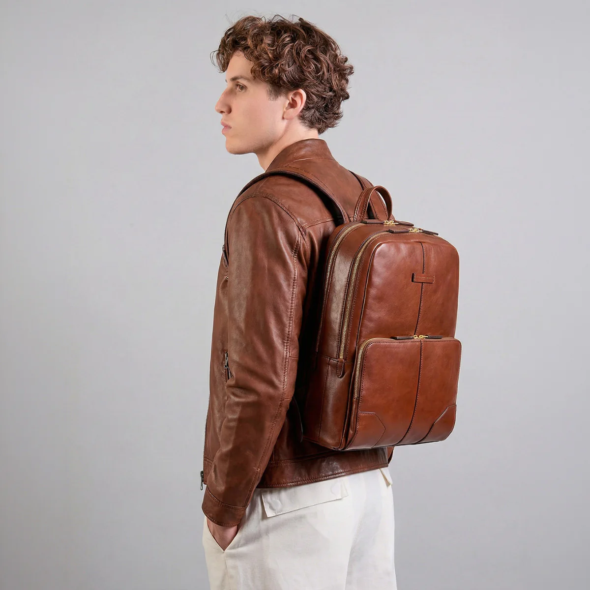 Zaino in pelle porta pc uomo due zip - Image 3